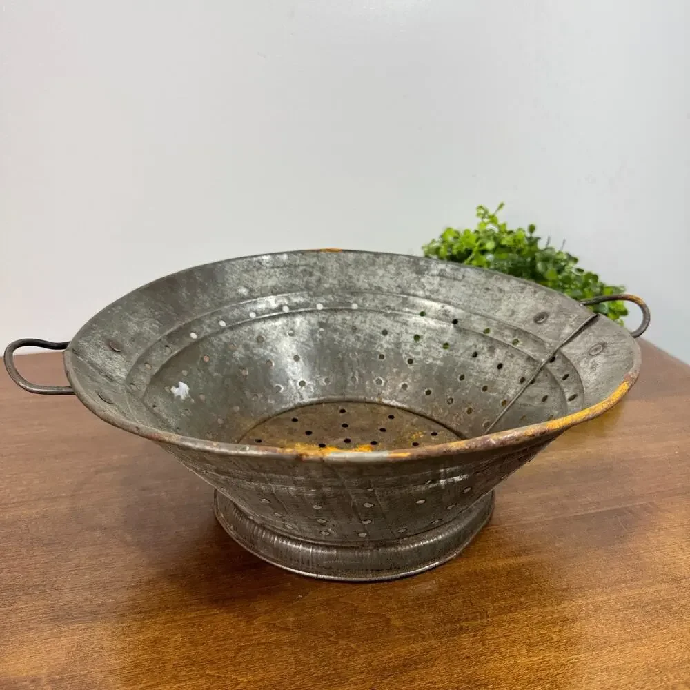 Vintage Primitive Galvanized Metal Footed Colander Strainer Wire Handles Rustic